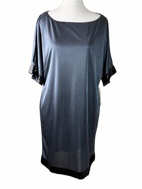 Hailey Shift Dress Womens 10 Gray Sequin‎ Trim Short Sleeve Cocktail Party